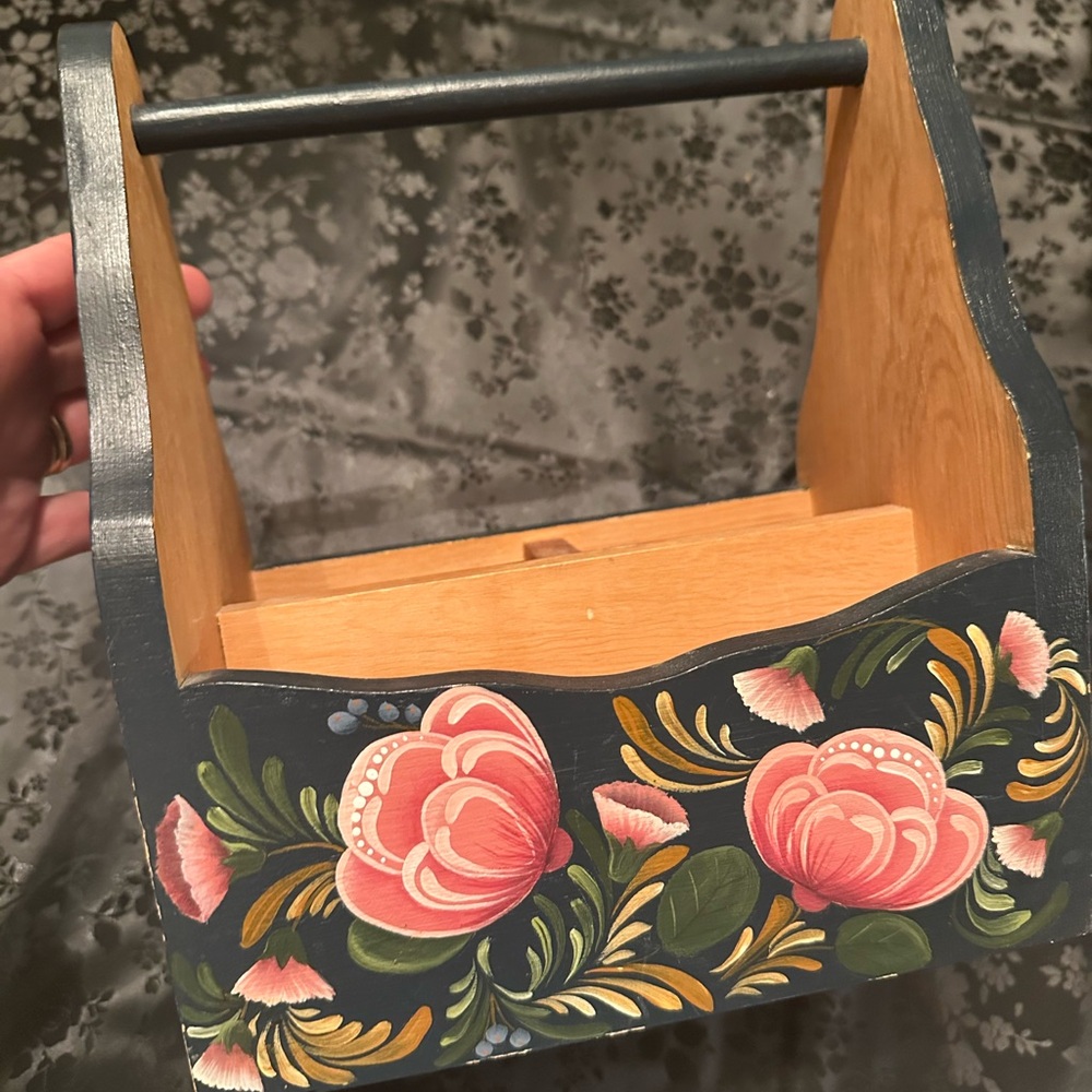 Hand-Painted Floral Wooden Caddy